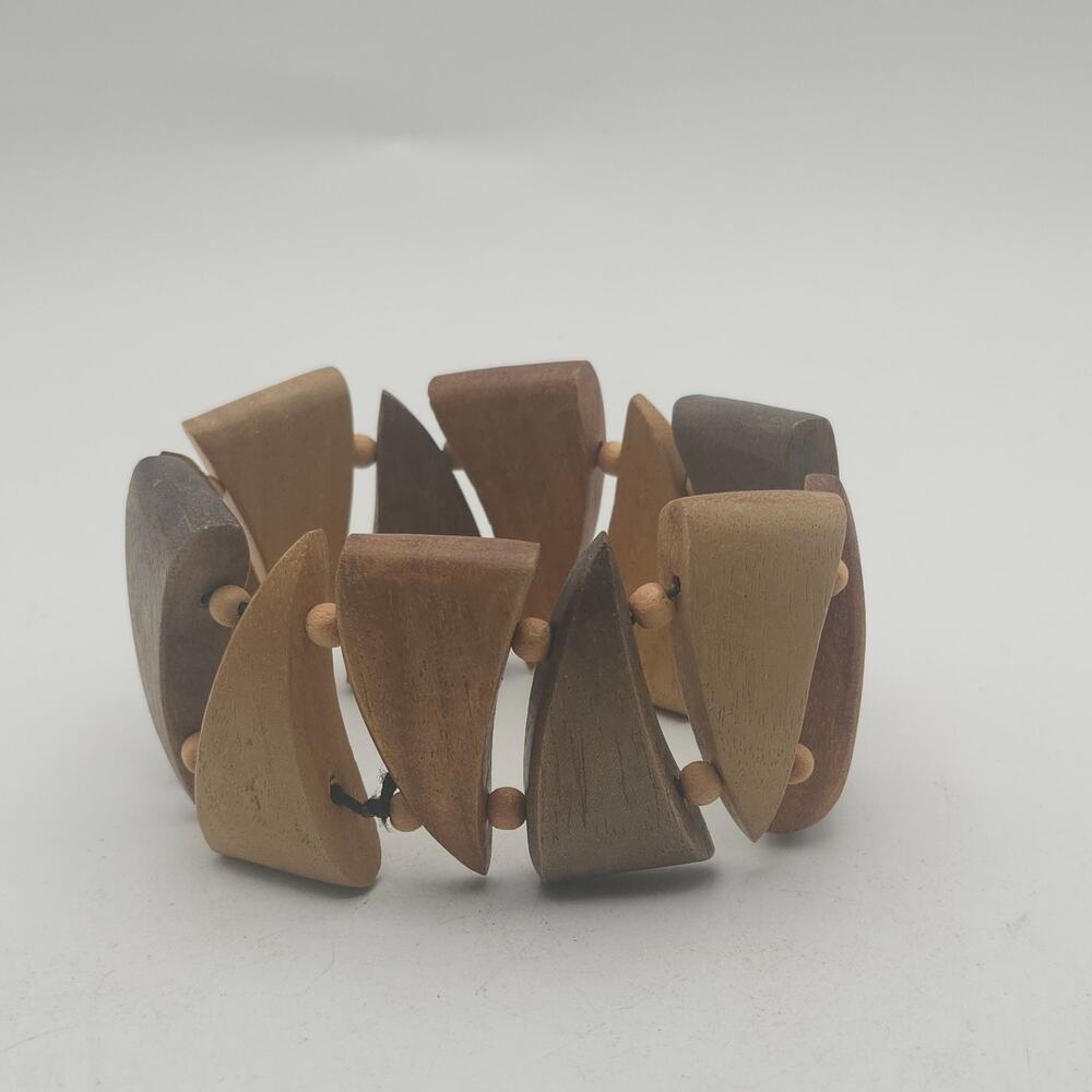 Wooden Geometric Stretch Bracelet Chunky Boho Earth Tone Panel Bead Cuff Jewelry